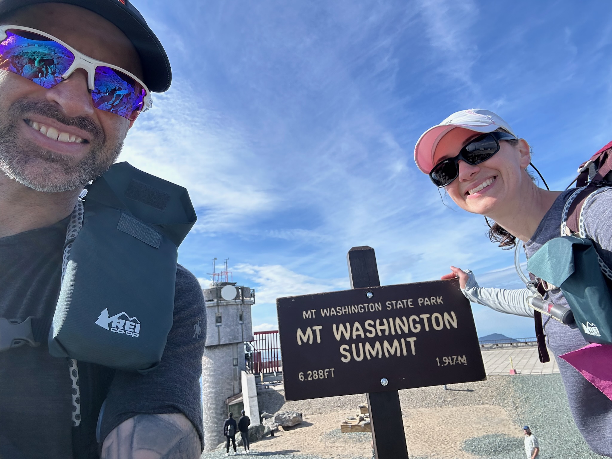 Jeff and Jen at the Mt. Washington summit, 6,288 ft, on their Presidential Traverse